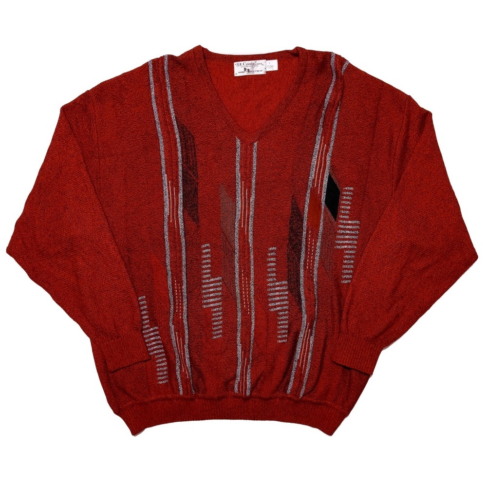 Vintage ST. CROIX KNITS V-Neck Sweater 1980s Cotton Acrylic Red Large L